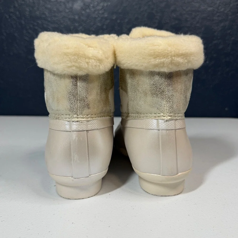 Sperry‎ Saltwater Duck Boots 5 Champagne Metallic Faux Fur Trim Side Zip